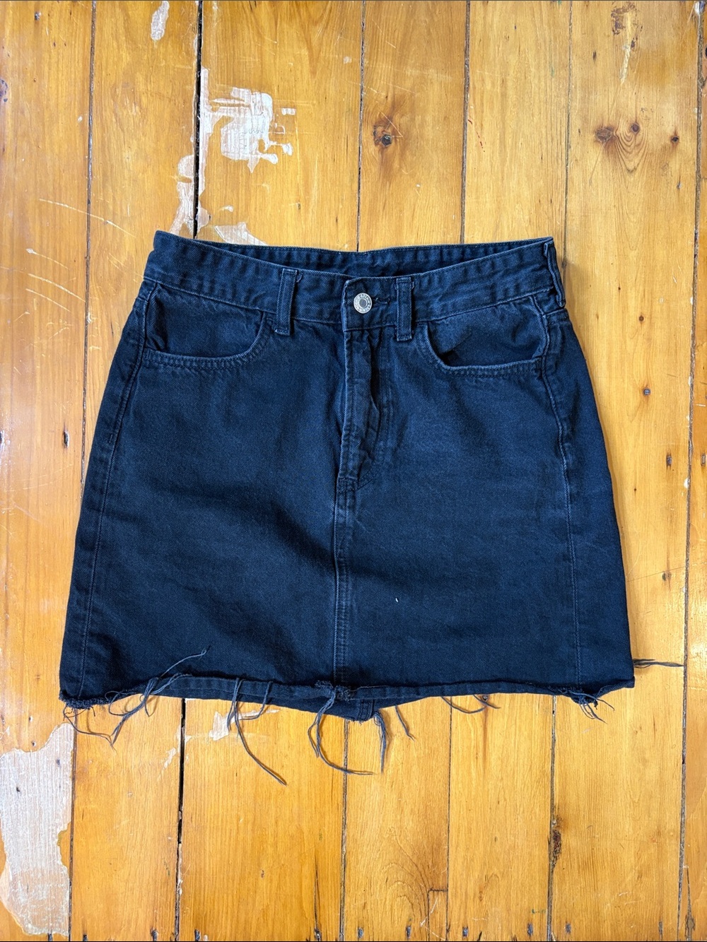 H&M Black Denim Mini Skirt with Frayed Hem